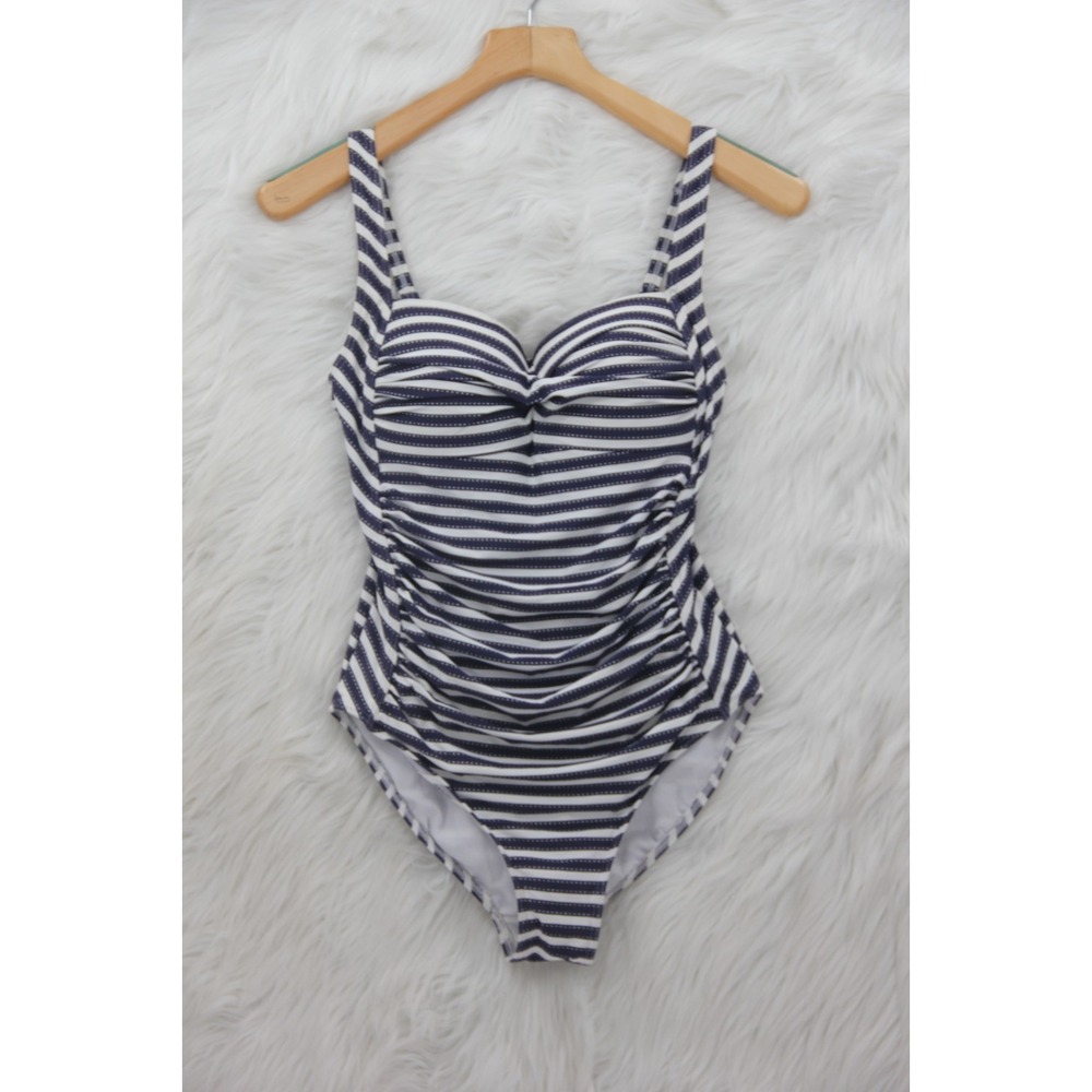 Nip Tuck Swim Womens Sz 6 one piece swimsuit ruching striped Blue White Preppy